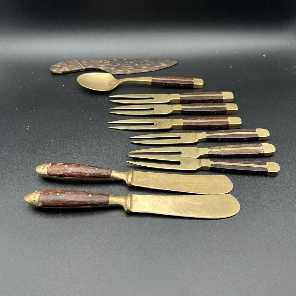 VTG Brass & Wood Demitasse Forks Knives & Spoon -‎ Lot of 10 - Thailand - Unique